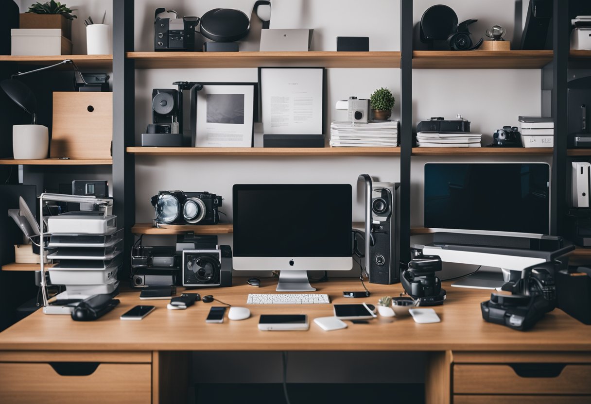 A cluttered home office with various tech gadgets neatly organized in innovative storage solutions