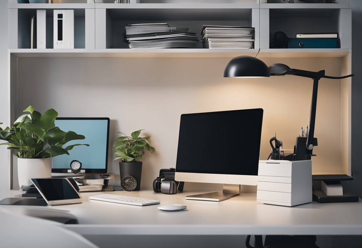 A cluttered desk with floating shelves, wall-mounted organizers, and under-desk storage. A sleek desk with built-in drawers and a foldable chair