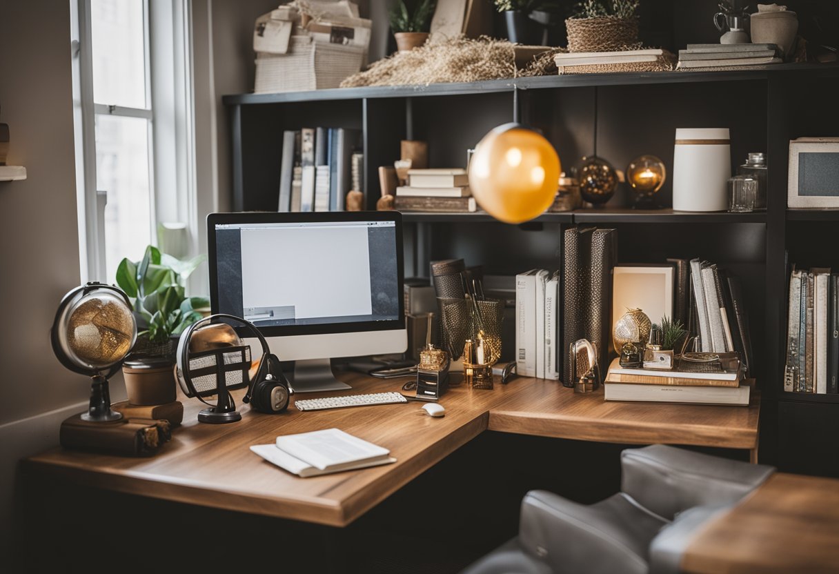 A cluttered desk with personalized decor, shelves with creative storage solutions, and a cozy reading nook in a home office