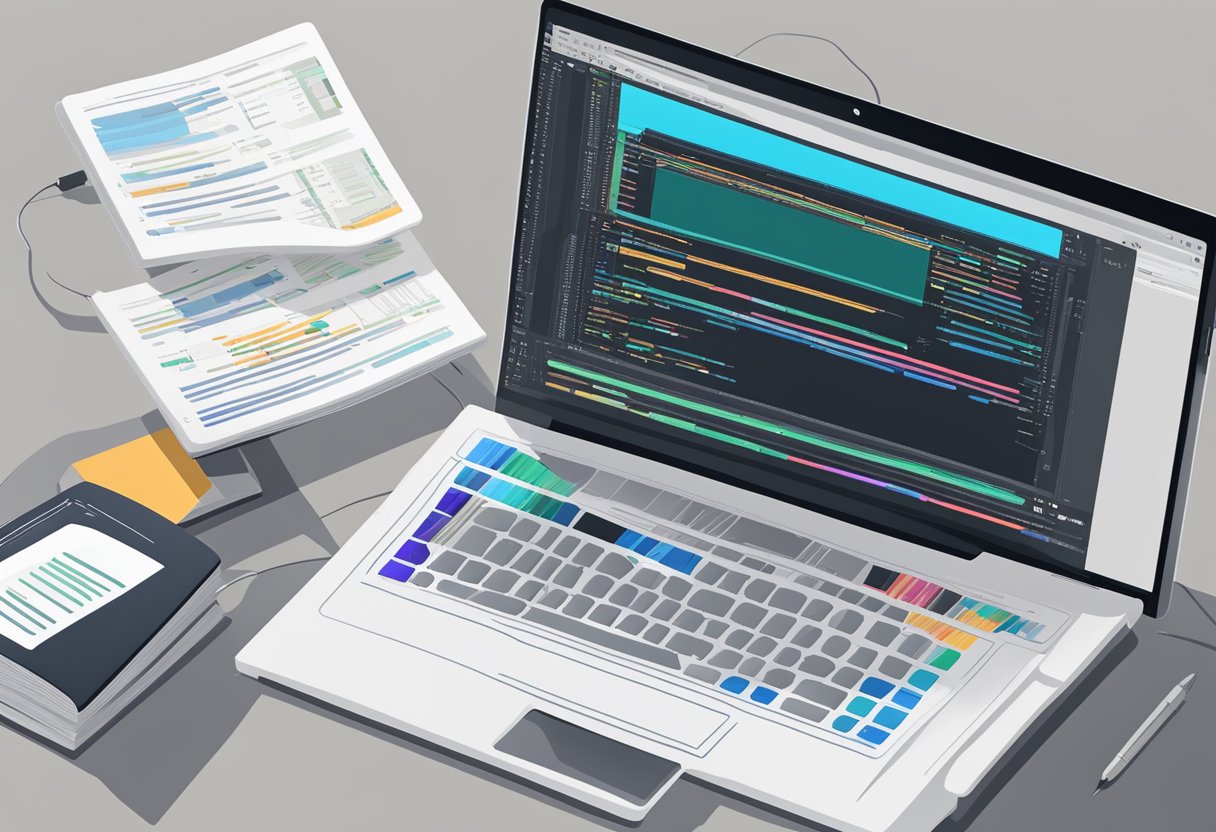 A computer with a web design software open, lines of code visible on the screen, and a coding book nearby