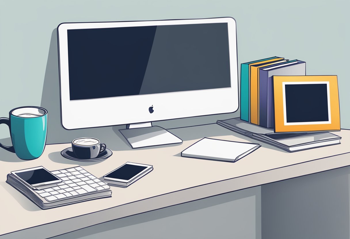 A computer with a blank screen, surrounded by web development books and a cup of coffee