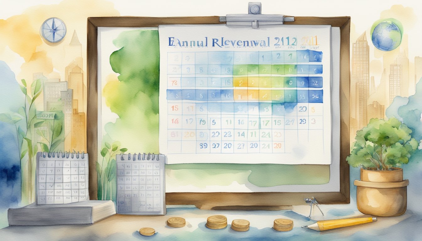 A calendar with "Annual Renewable Term" displayed, surrounded by business and finance symbols