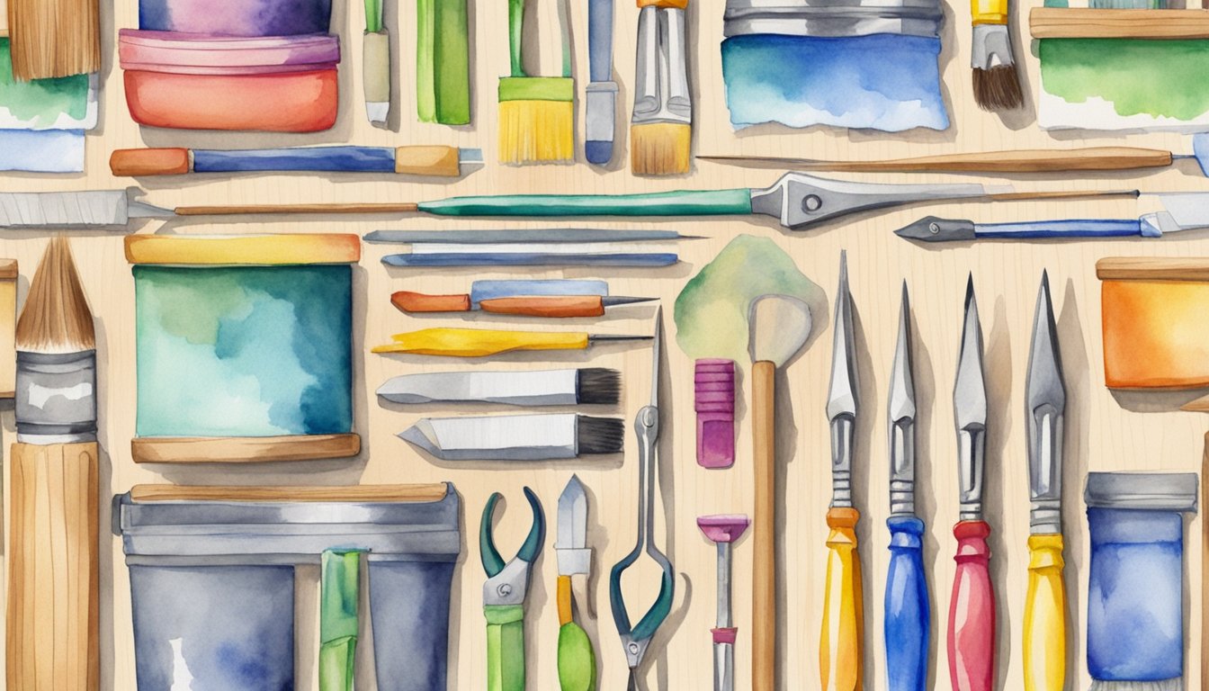 Brightly colored [Keyword] tools arranged neatly on a wooden workbench