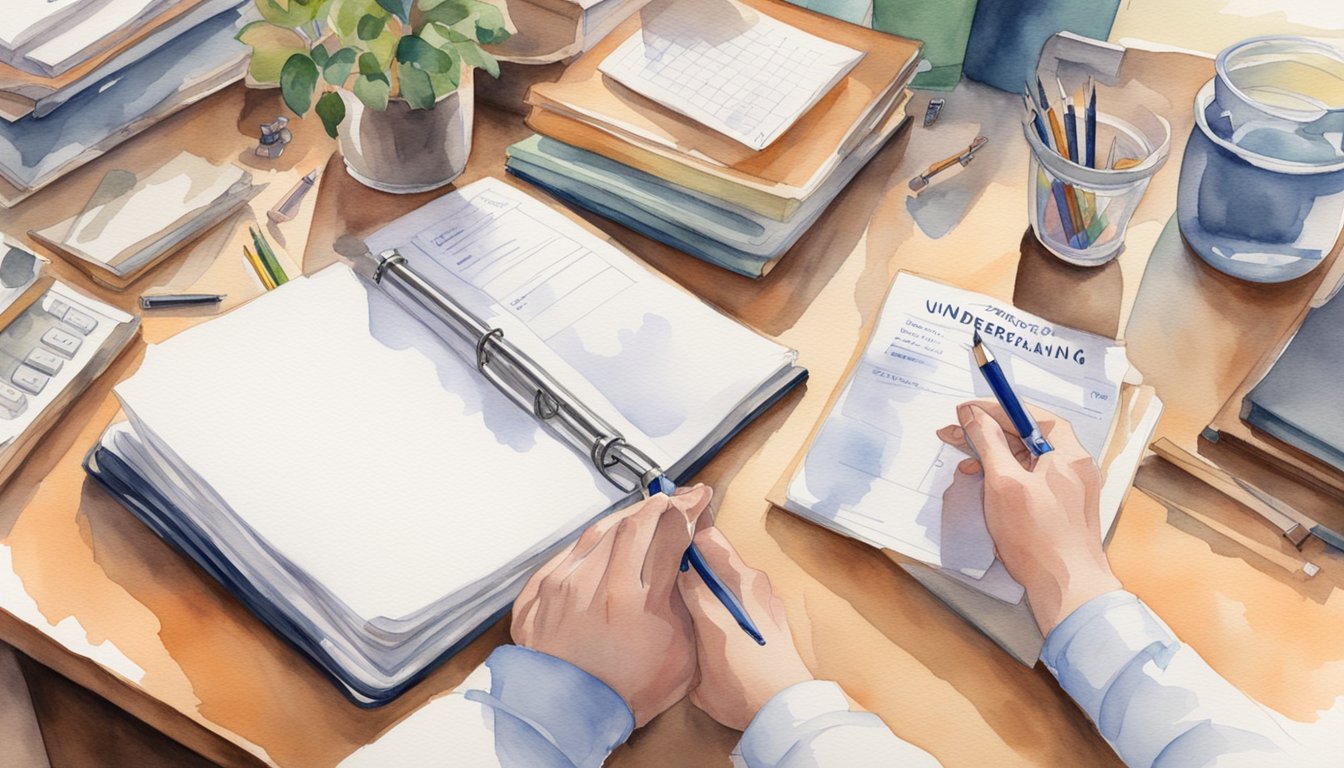 A hand reaching for a labeled binder titled "Understanding [Keyword]" on a cluttered desk