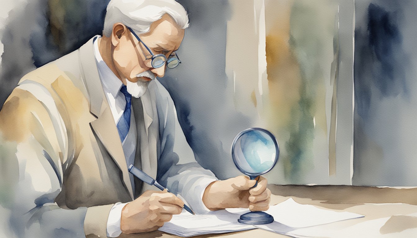 A figure holding a magnifying glass over a document, with a thoughtful expression