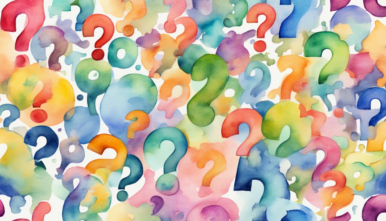 A stack of colorful question marks surrounded by various topics and categories, representing comprehensive coverage for frequently asked questions