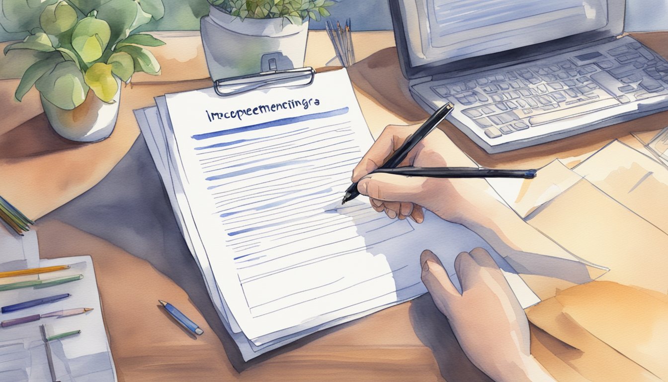 A hand holding a pen signs a document titled "Implementing [Keyword] in Practice Declaration Page" on a desk with a computer and office supplies