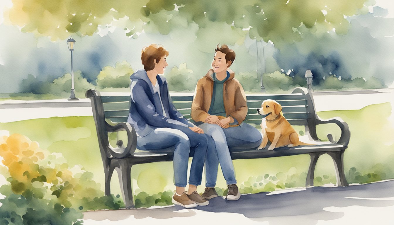 A person and a dog sitting on a park bench, looking at each other with understanding.</p><p>The person has a smile on their face, and the dog's tail is wagging