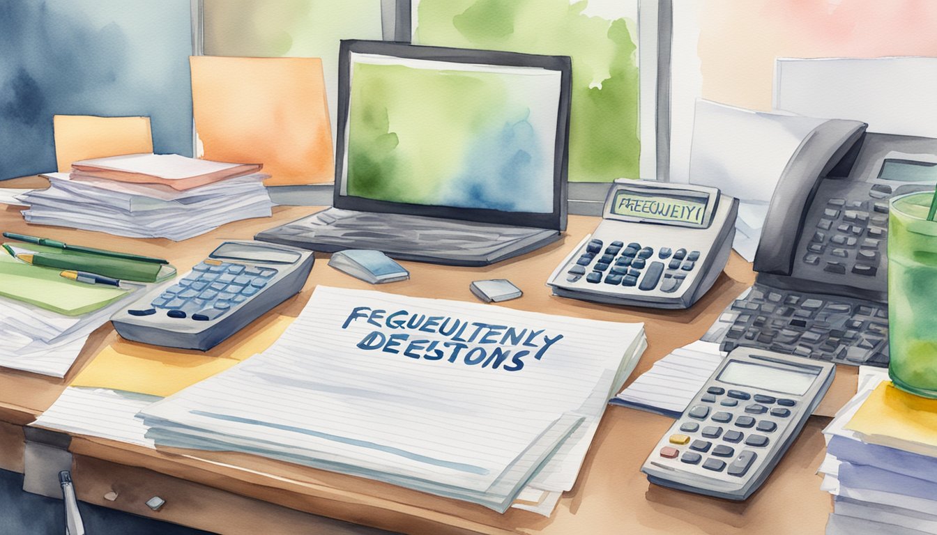 A stack of papers labeled "Frequently Asked Questions Depreciation" sits on a desk, surrounded by a computer, calculator, and office supplies