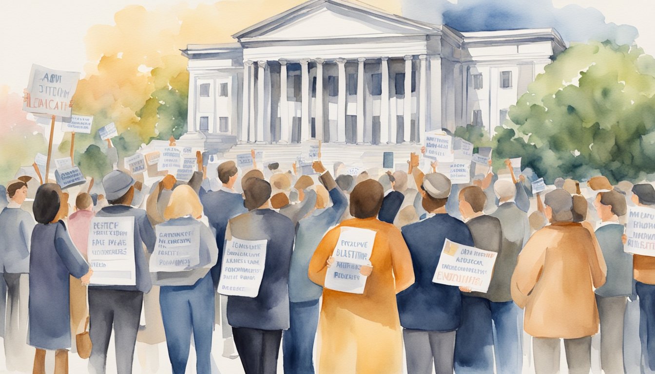 A group of people gather in front of a government building, holding signs and banners advocating for the impact and legislation of endowment funds