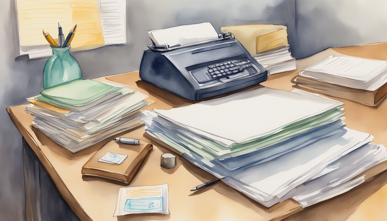 A desk with paperwork, a stamp, and a pen.</p><p>A sign on the wall reads "Procedures for Reinstatement and Waivers Exclusions." A stack of files sits nearby