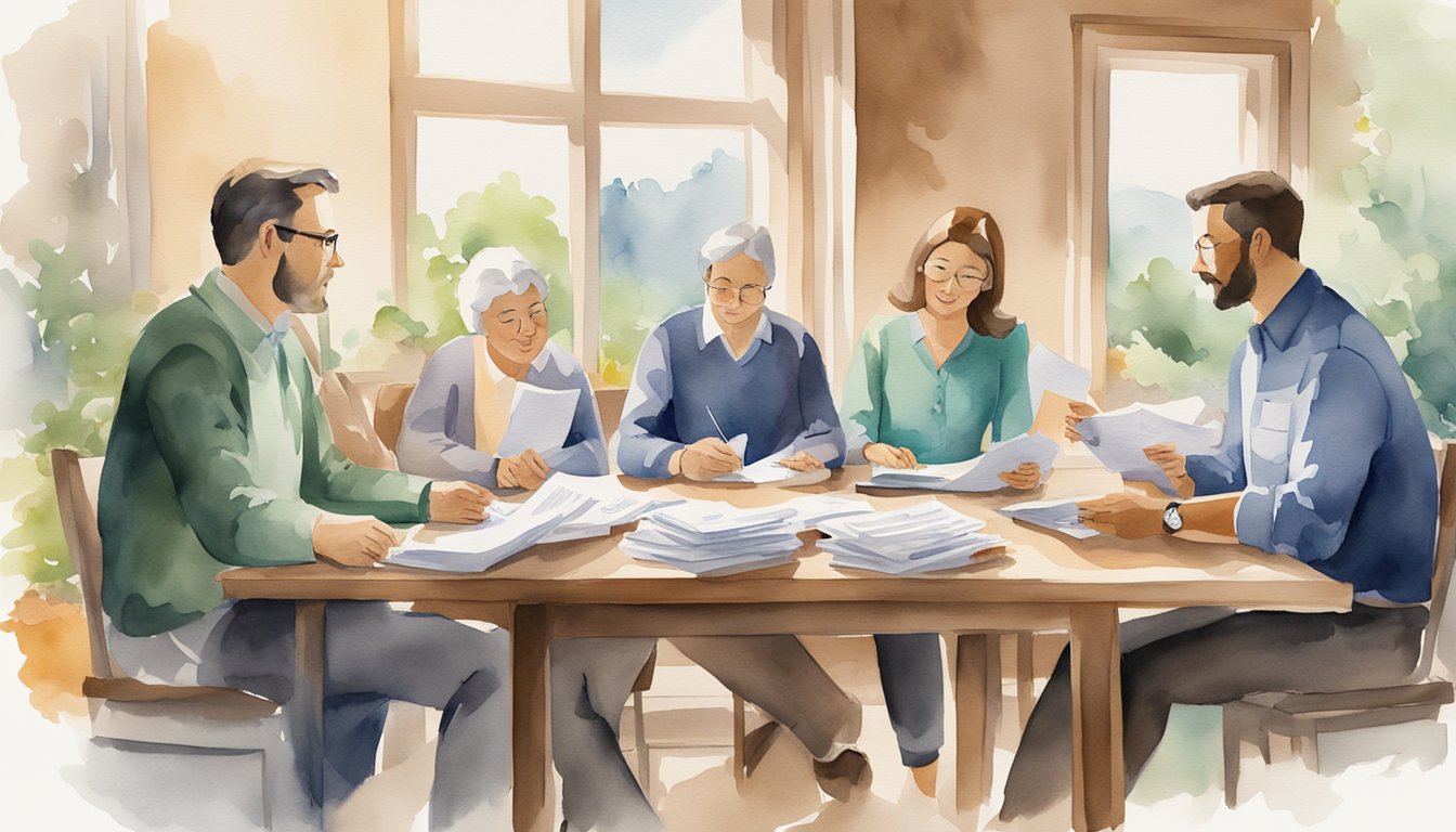 A family sits around a table with financial documents, discussing life insurance options.</p><p>A calculator, pen, and paper are scattered across the table