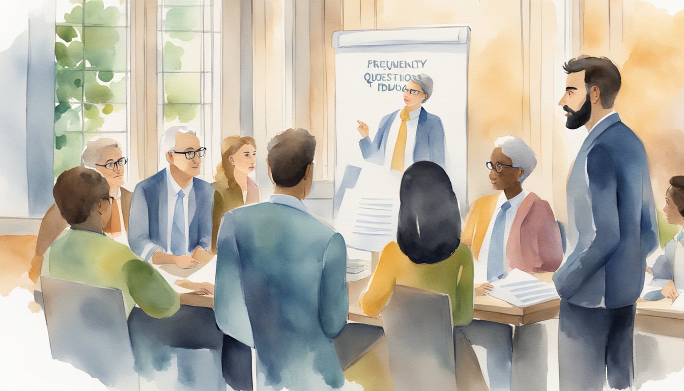 A person pointing to a sign that reads "Frequently Asked Questions Fiduciary" with a group of people gathered around, listening attentively