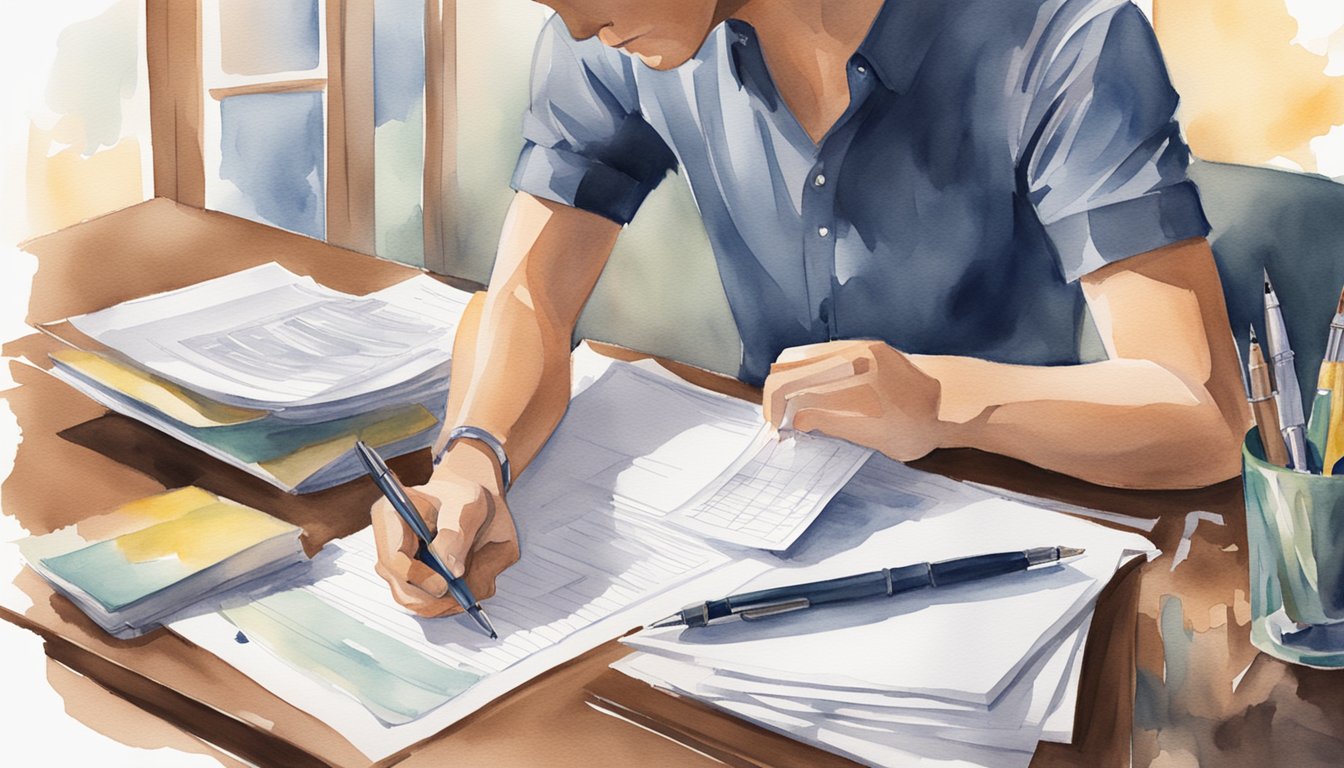 A person filing an insurance claim with paperwork and a pen on a desk