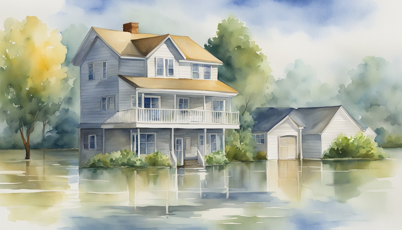 A house surrounded by rising floodwaters, with a "Flood Insurance" sign visible and a worried family inside