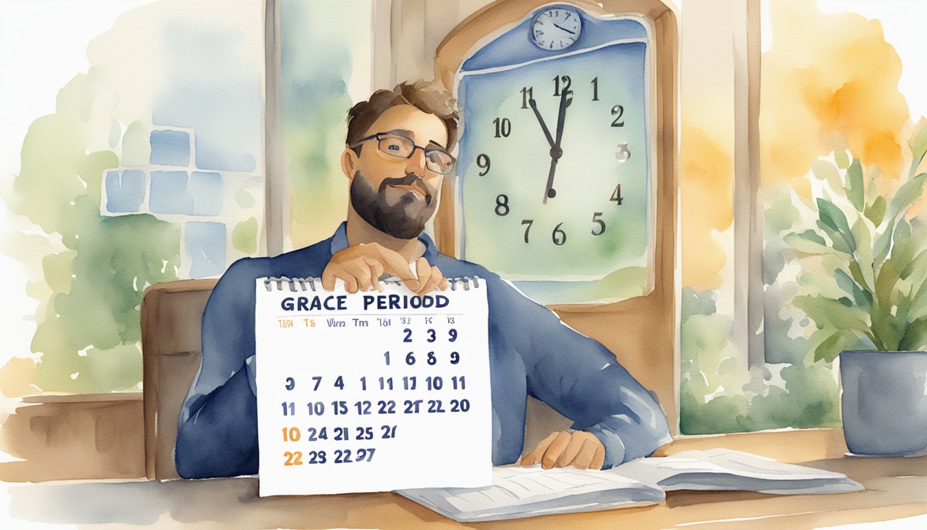 A calendar with a clear "Grace Period" label.</p><p>Clock showing time passing.</p><p>A person relaxed, not worried about deadlines