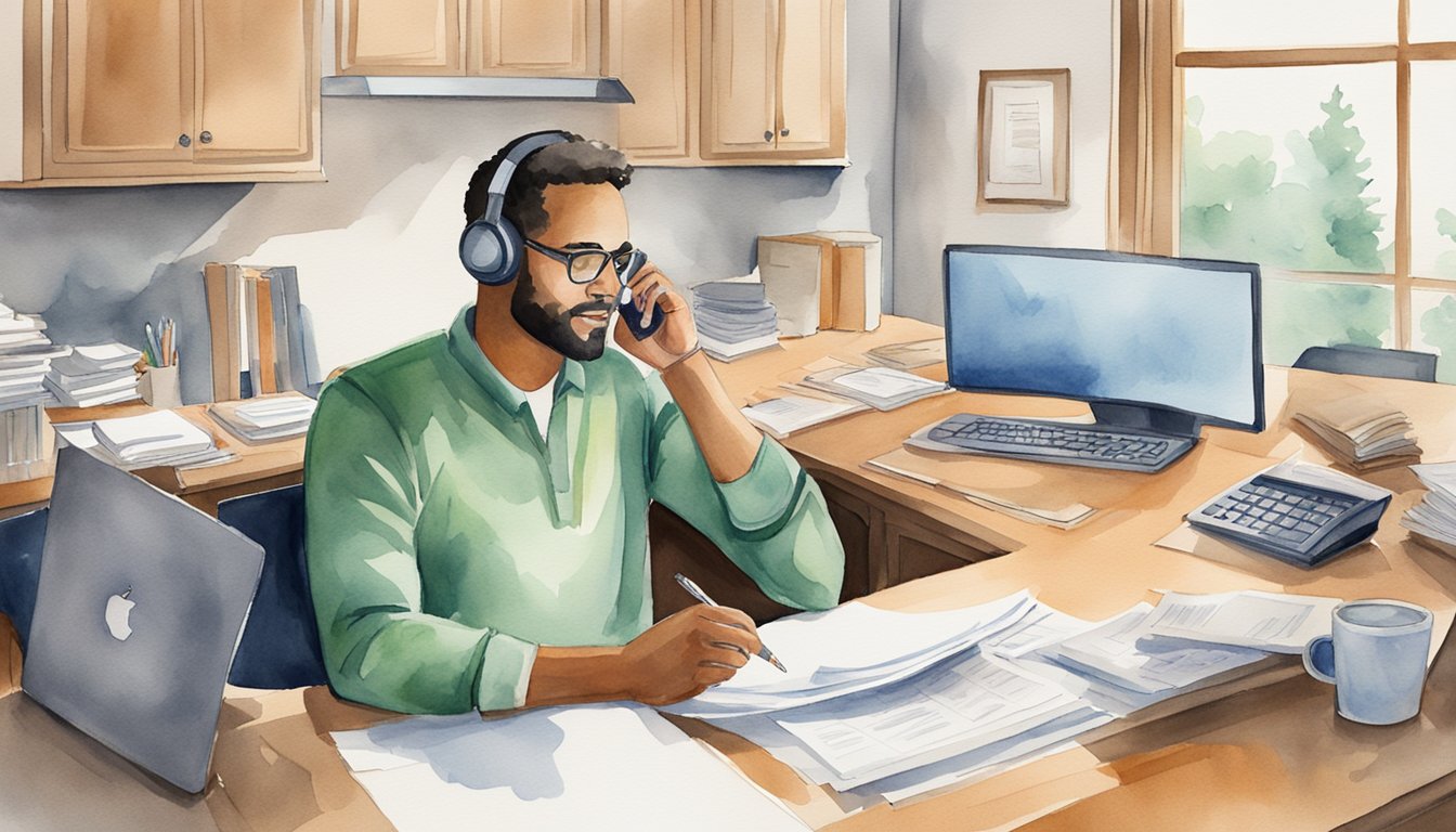 A homeowner sits at a desk, surrounded by paperwork and a laptop, while talking on the phone with an insurance agent.</p><p>The agent is explaining coverage options and answering the homeowner's questions