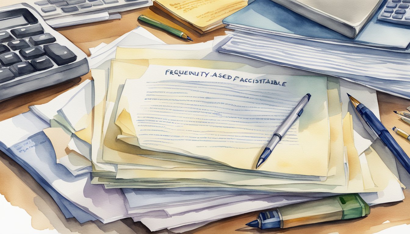 A stack of papers labeled "Frequently Asked Questions Incontestable Clause" sits on a desk, surrounded by a computer, pen, and office supplies