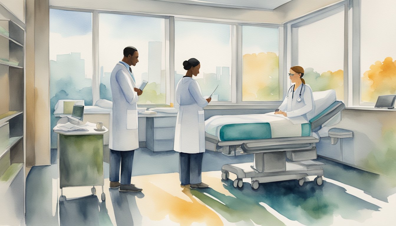 A doctor and a nurse collaborate on patient care plans in a modern hospital setting