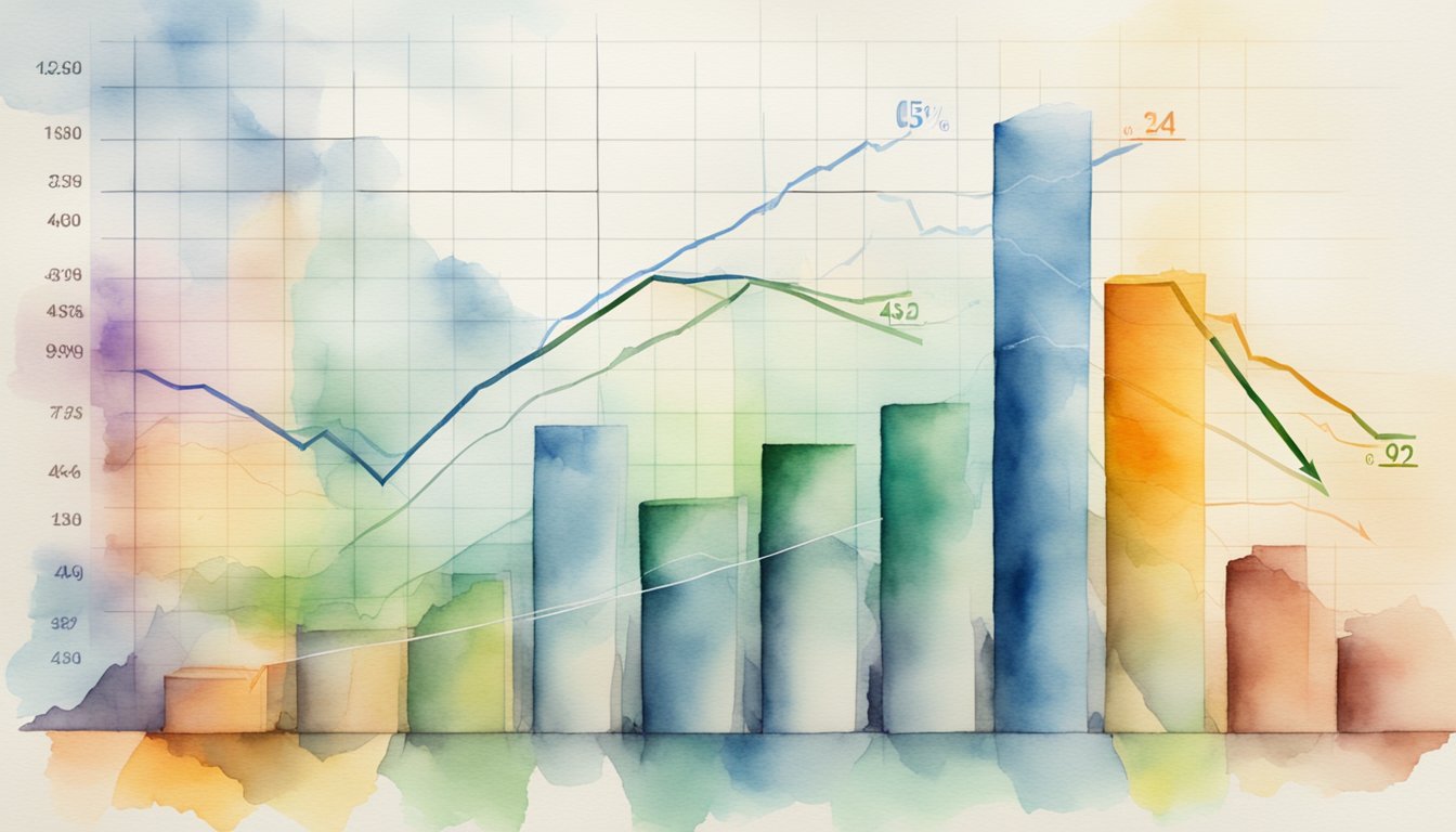 Various assets fluctuate in value on a stock market graph, showing growth and decline over time