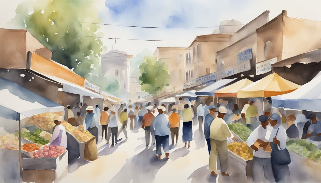 A bustling market with signs reading "Frequently Asked Questions" and "Market Value" in bold letters.</p><p>People browsing and vendors selling goods