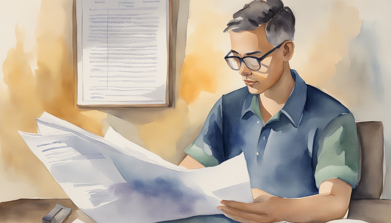 A figure reading a policy document labeled "Named Insured" with a look of comprehension on their face