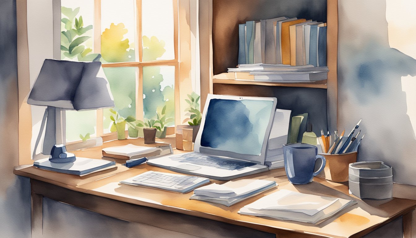 A desk with a computer, papers, and a pen.</p><p>A clock on the wall.</p><p>Books on a shelf.</p><p>A window with sunlight streaming in