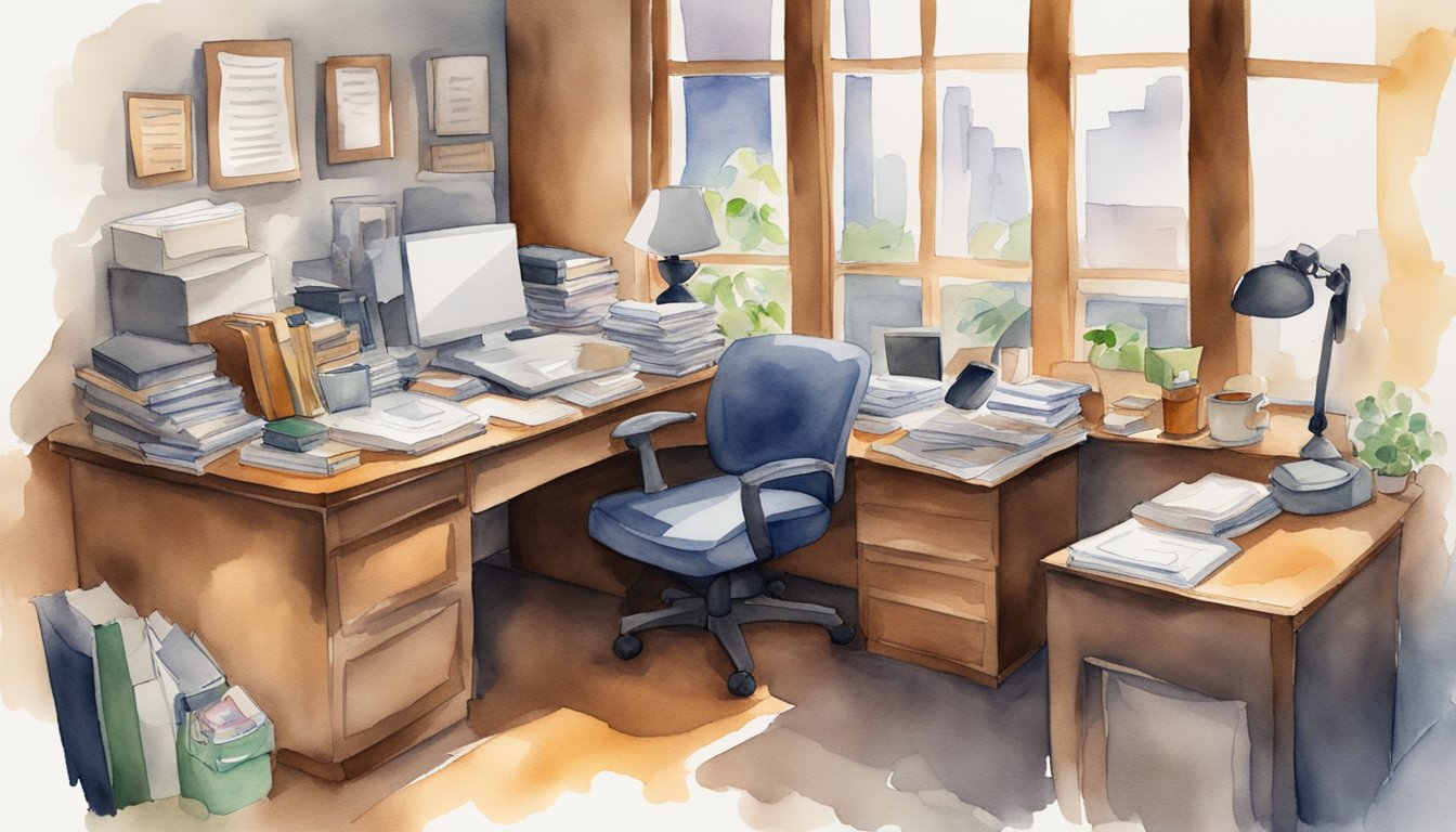 A cluttered desk with paperwork, a laptop, and a pen.</p><p>A safe in the corner holds valuable items.</p><p>A lawyer's office