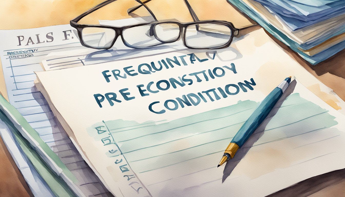 A stack of papers labeled "Frequently Asked Questions" and "Pre-existing Condition" sit on a desk, with a pen and a pair of glasses nearby