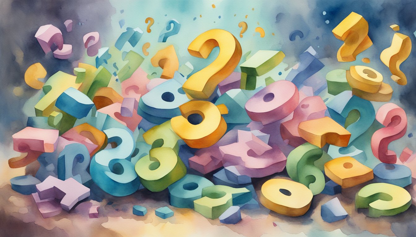 A stack of question marks topples over, causing a chain reaction of falling objects