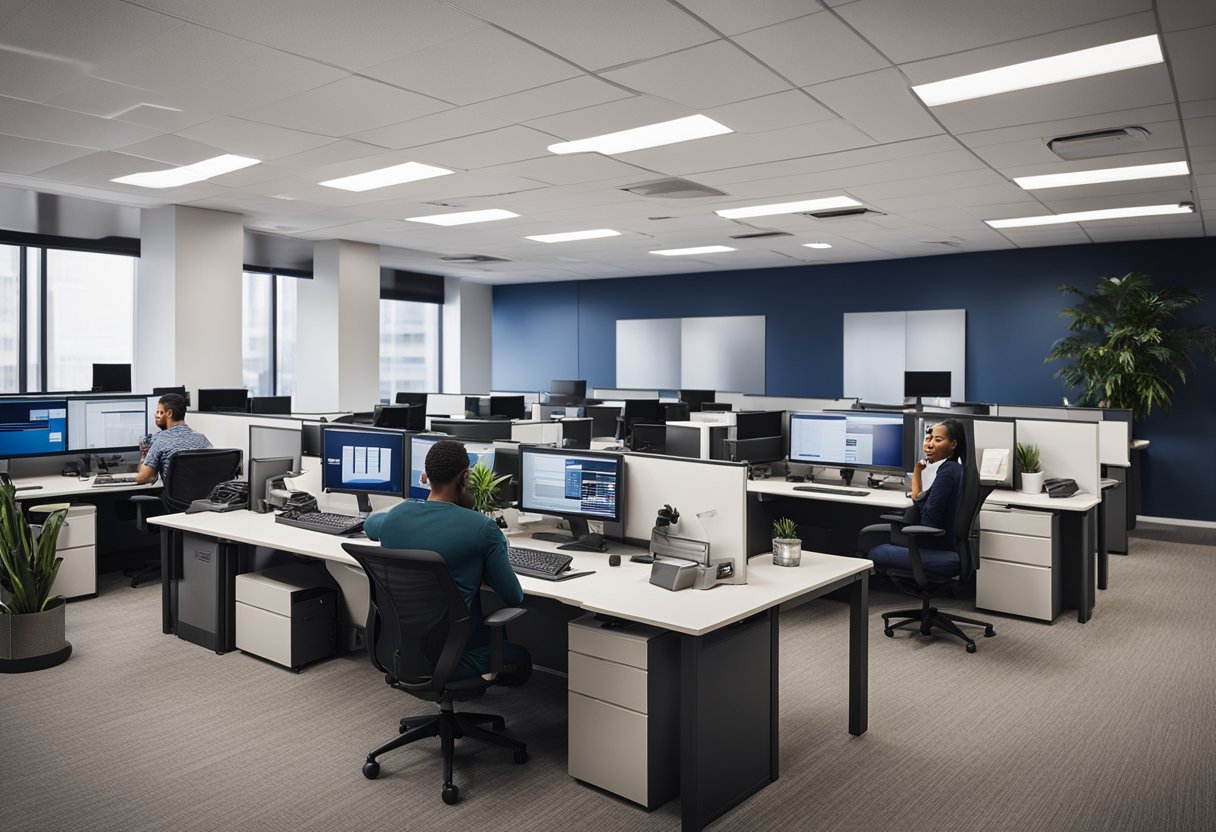 A diverse group of people working in an office setting, with computers, desks, and office supplies. The room is brightly lit and has an American flag displayed prominently