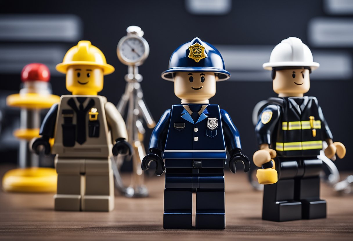 Various USA job types: police officer, nurse, teacher, engineer, and firefighter. Each profession is represented by a relevant symbol or tool