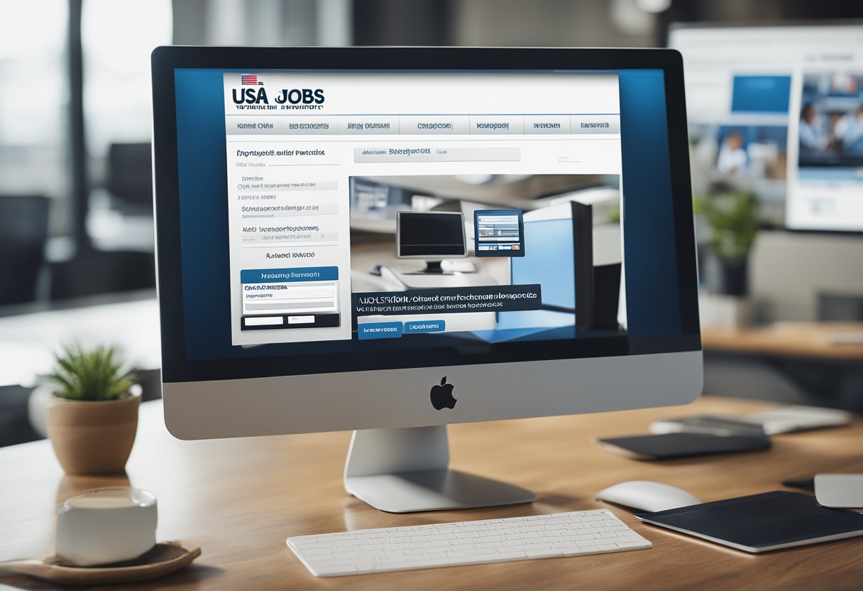 A computer screen showing the USA Jobs website with a cursor clicking on the "Application Process" button