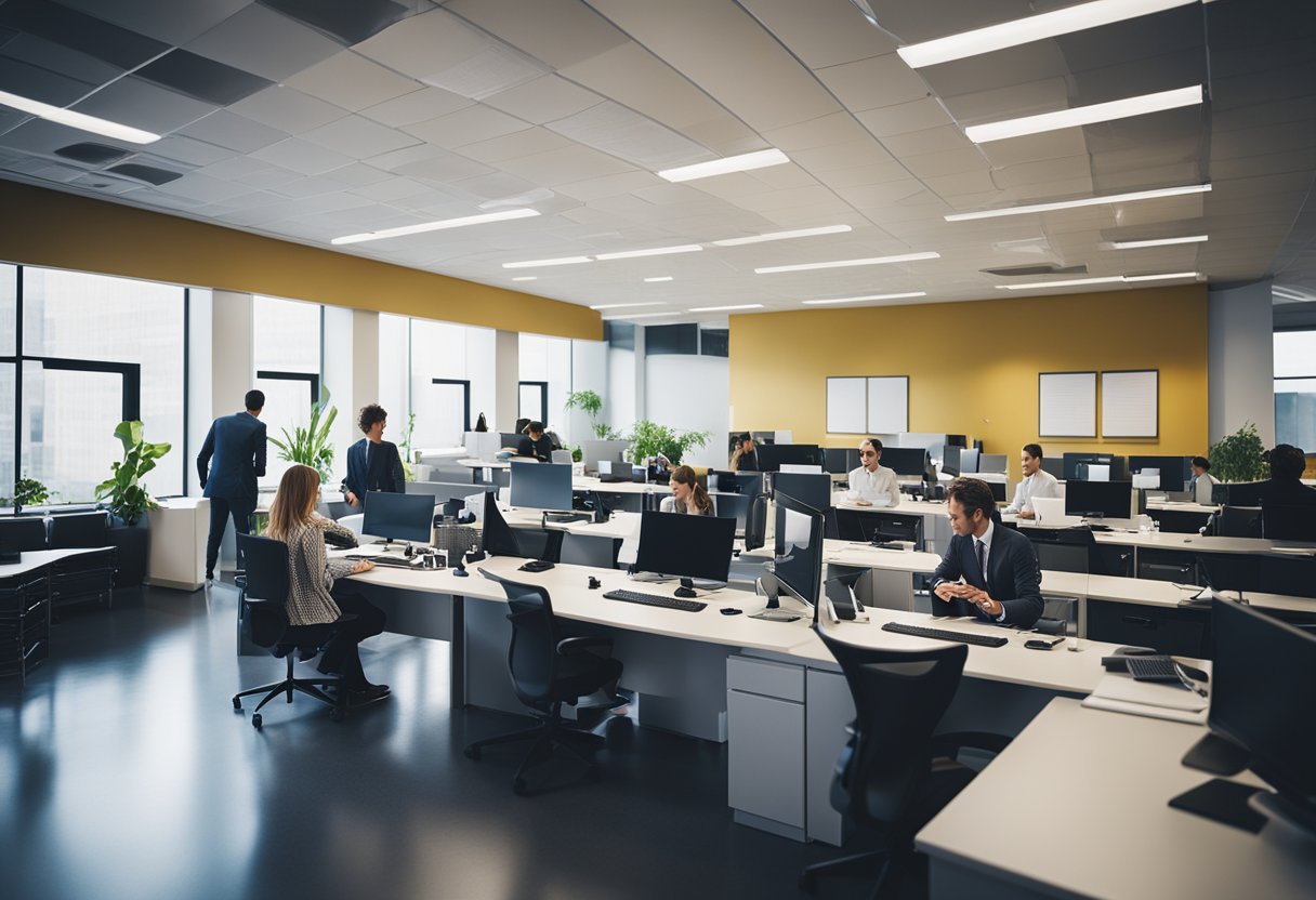 A busy office with people networking, attending workshops, and using computers for career development