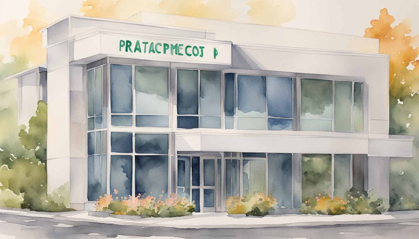 A modern office building with a "Practice Replacement Cost" sign displayed prominently on the front facade