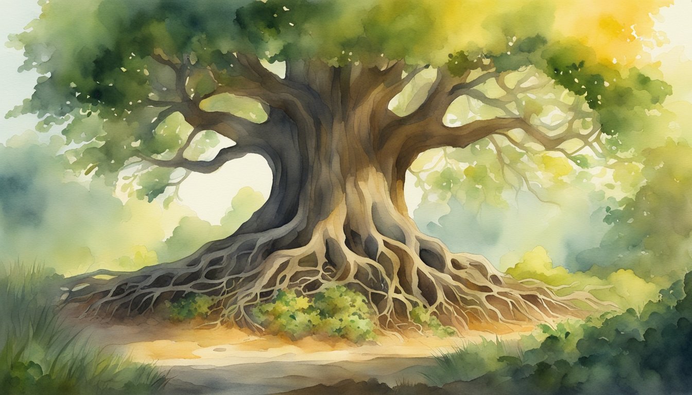 A tree with deep roots and lush foliage, surrounded by diverse plant life.</p><p>The sun casts a warm glow, highlighting the interconnectedness of the ecosystem