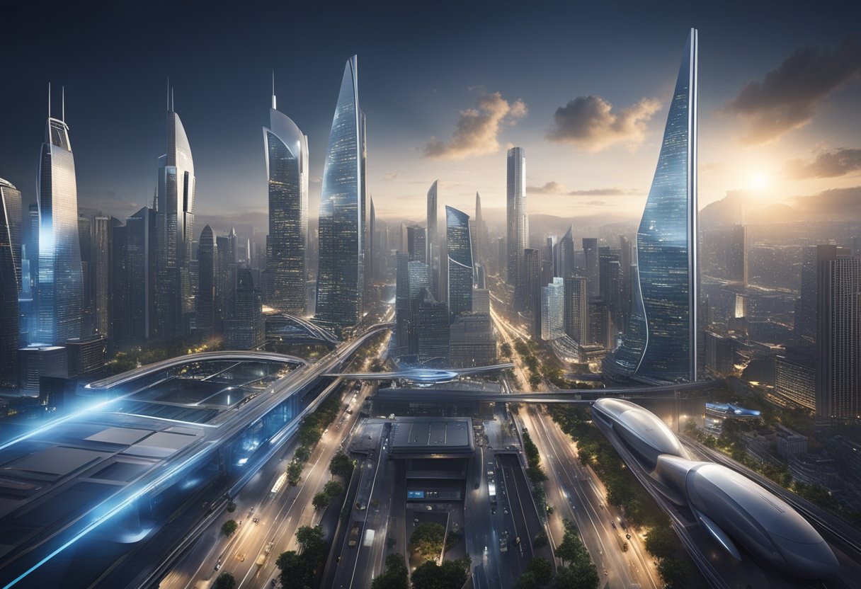 A bustling cityscape with futuristic skyscrapers and advanced transportation systems, showcasing a diverse workforce in various industries