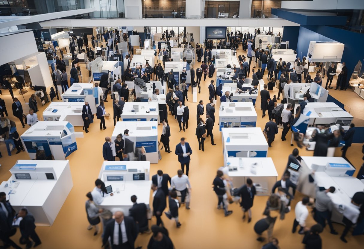 A bustling job fair with diverse industries, from tech to healthcare, showcasing opportunities. Bright banners and eager candidates fill the space