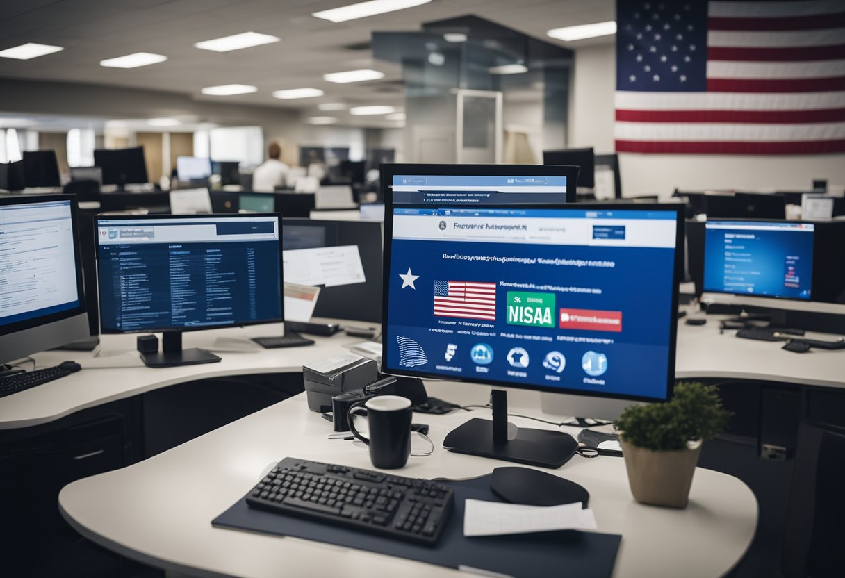 A bustling office with diverse workers, American flags, and government logos. Computer screens display "Federal Employment Opportunities usa jobs 2024."