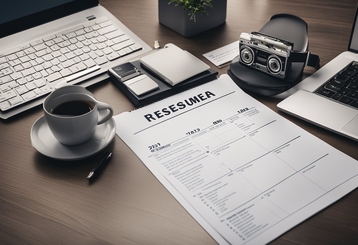 A desk with a computer, a stack of resumes, and a list of skills and qualifications. A calendar showing the year 2024