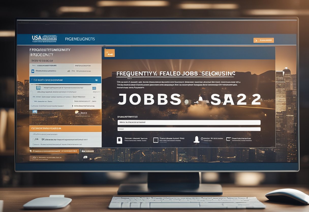 A computer screen displaying "Frequently Asked Questions USA Jobs 2024" with a list of questions and answers, a logo of the USA government, and a search bar