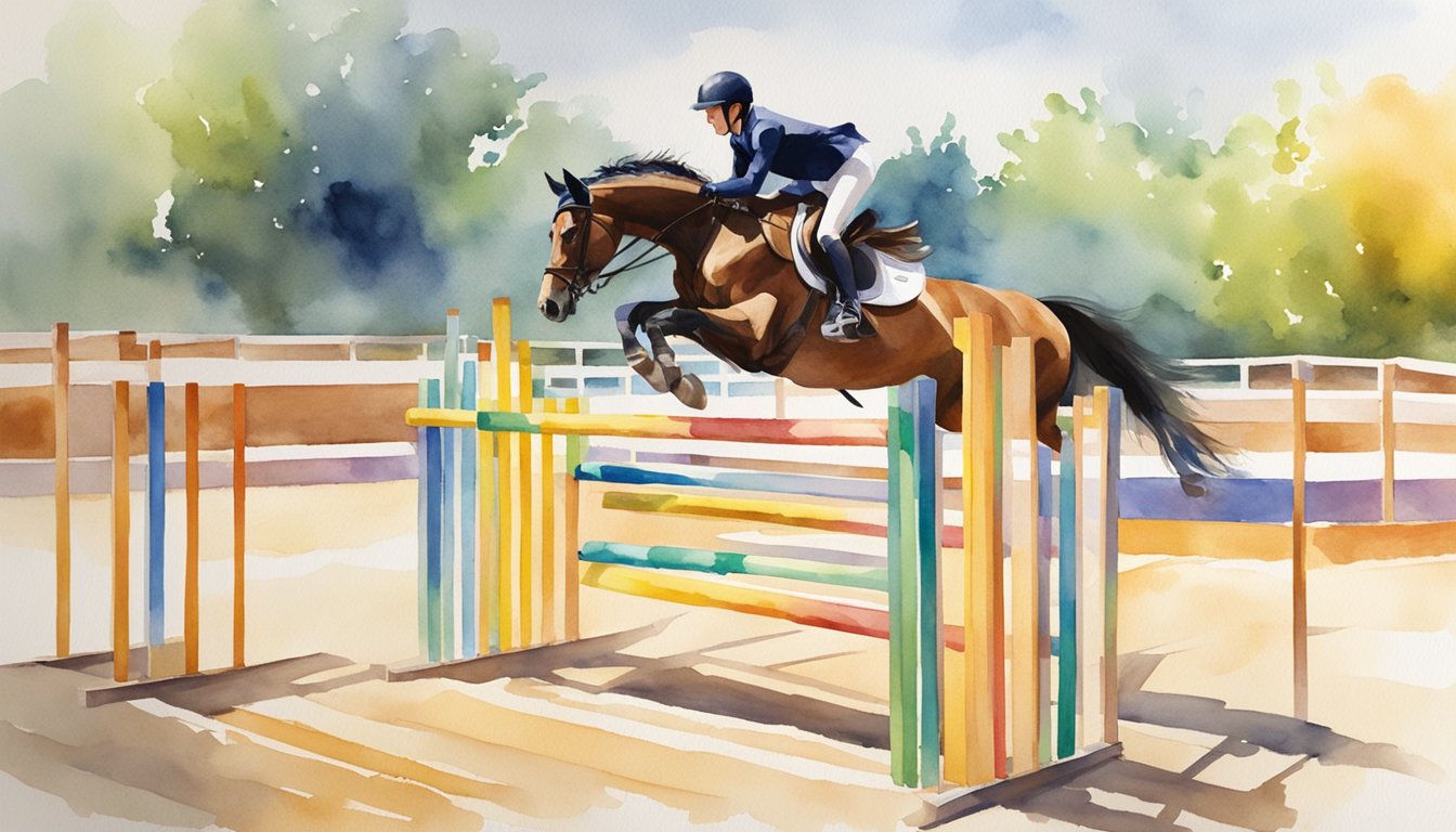 A rider practicing jumps over a series of colorful obstacles in a sunlit arena