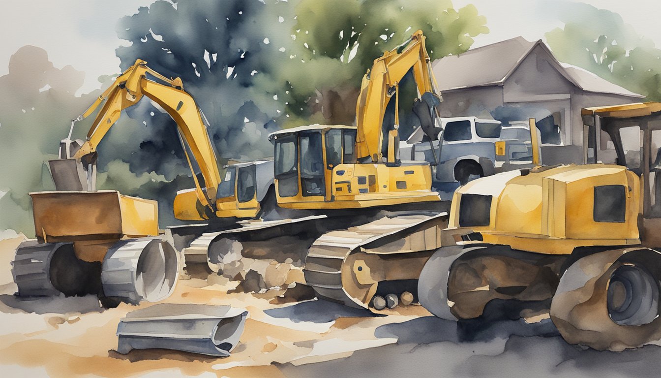 A pile of discarded assets, such as equipment and machinery, sits in a yard.</p><p>A sign nearby indicates tax considerations and salvage value