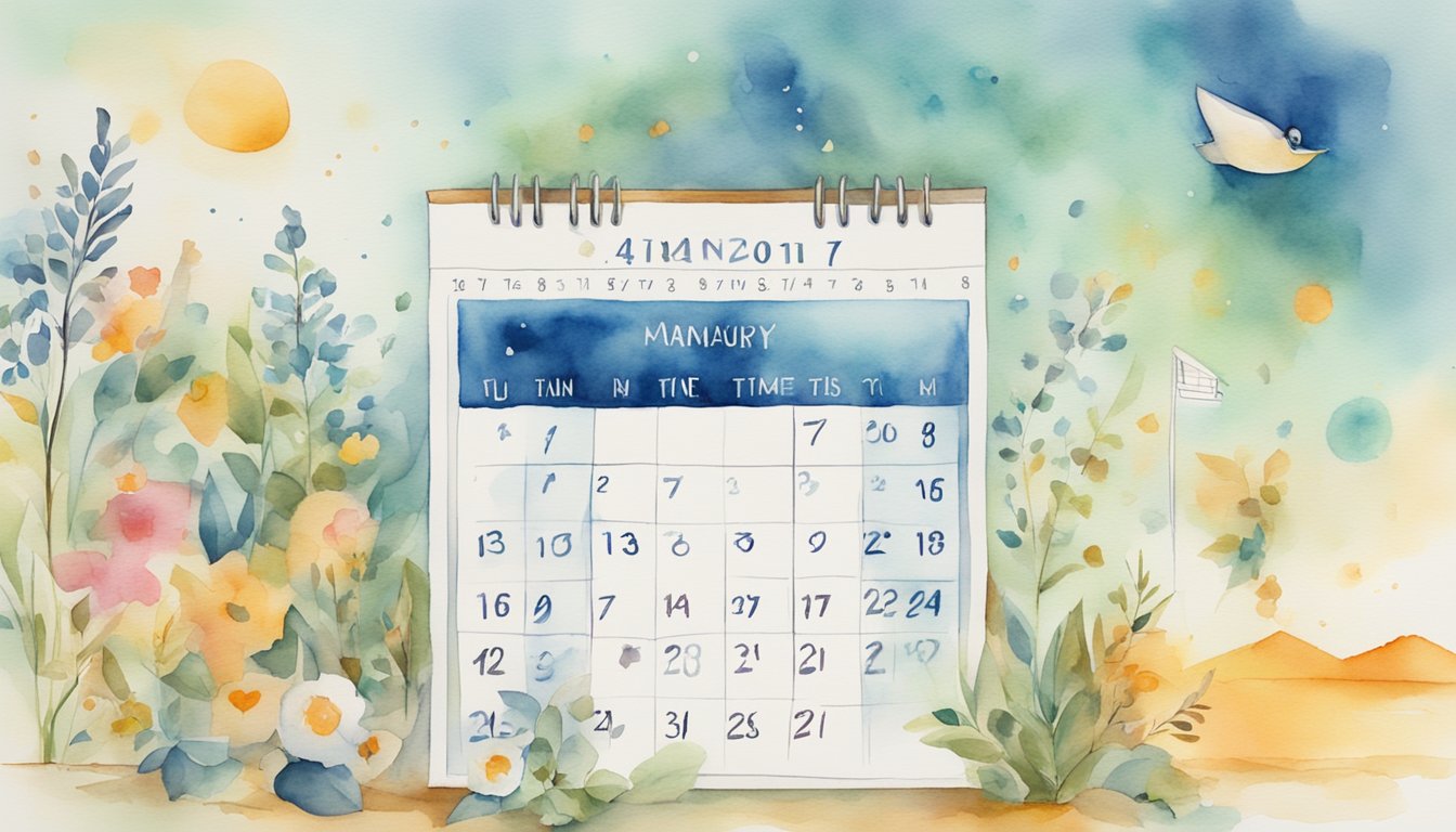 A calendar with a highlighted date and time slot, surrounded by various symbols and numbers