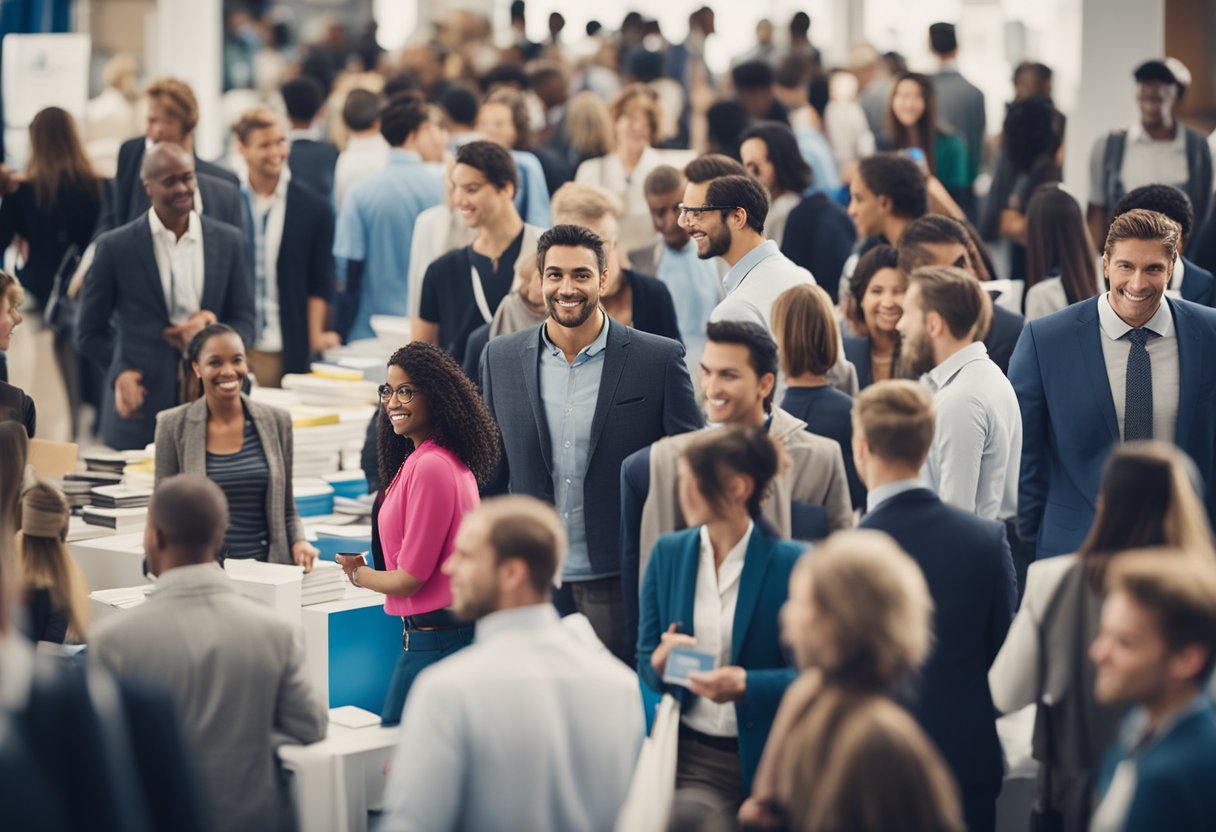 A bustling job fair with diverse industries represented, people networking and exchanging business cards. Brightly colored banners and booths fill the space