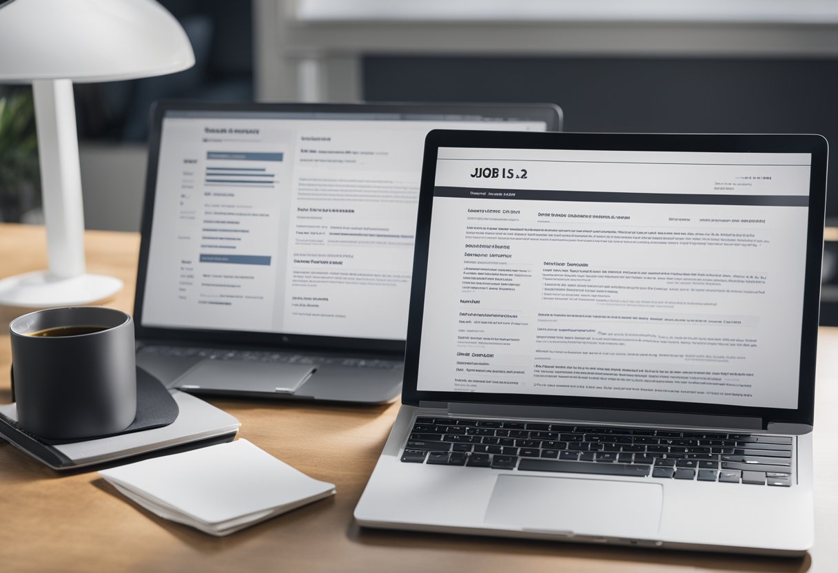 A desk with a computer, resume, and job postings. A person researching job search strategies online