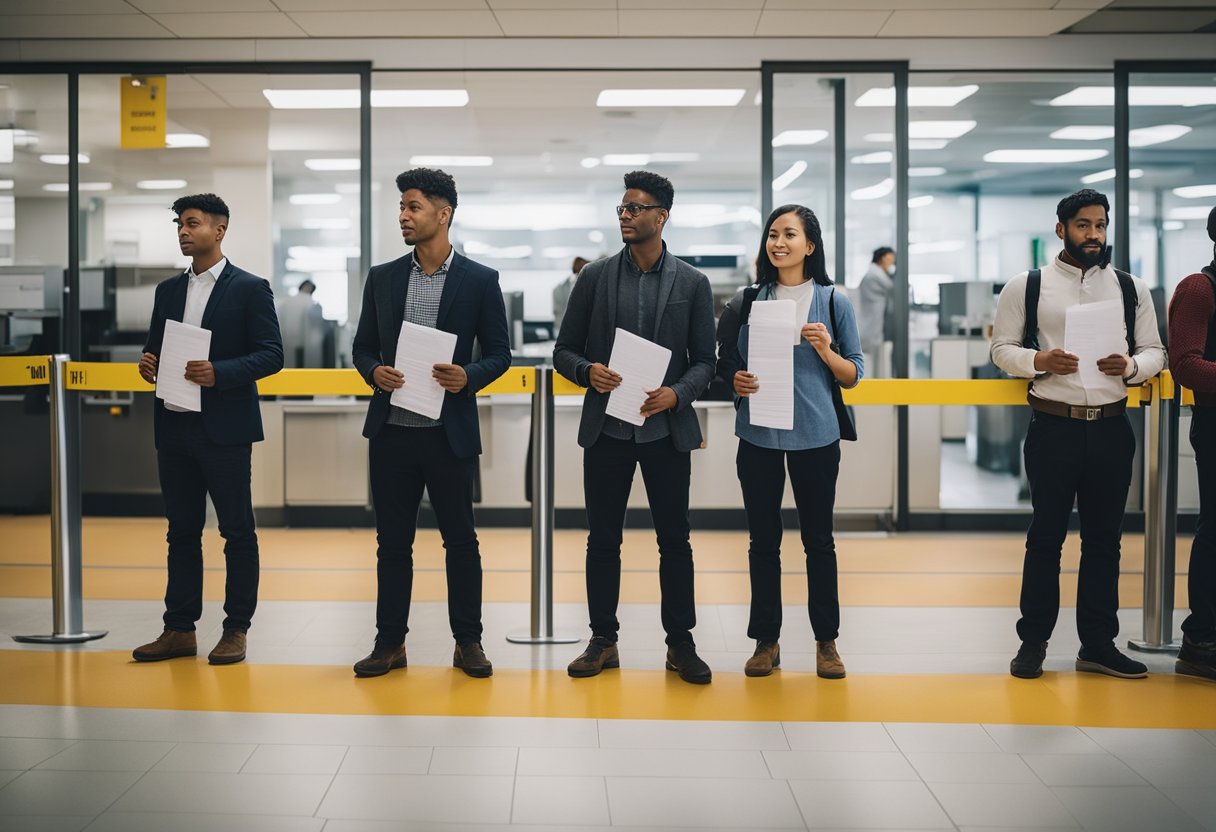 A group of workers holding work permits and immigration documents, standing in line at a Canadian job center