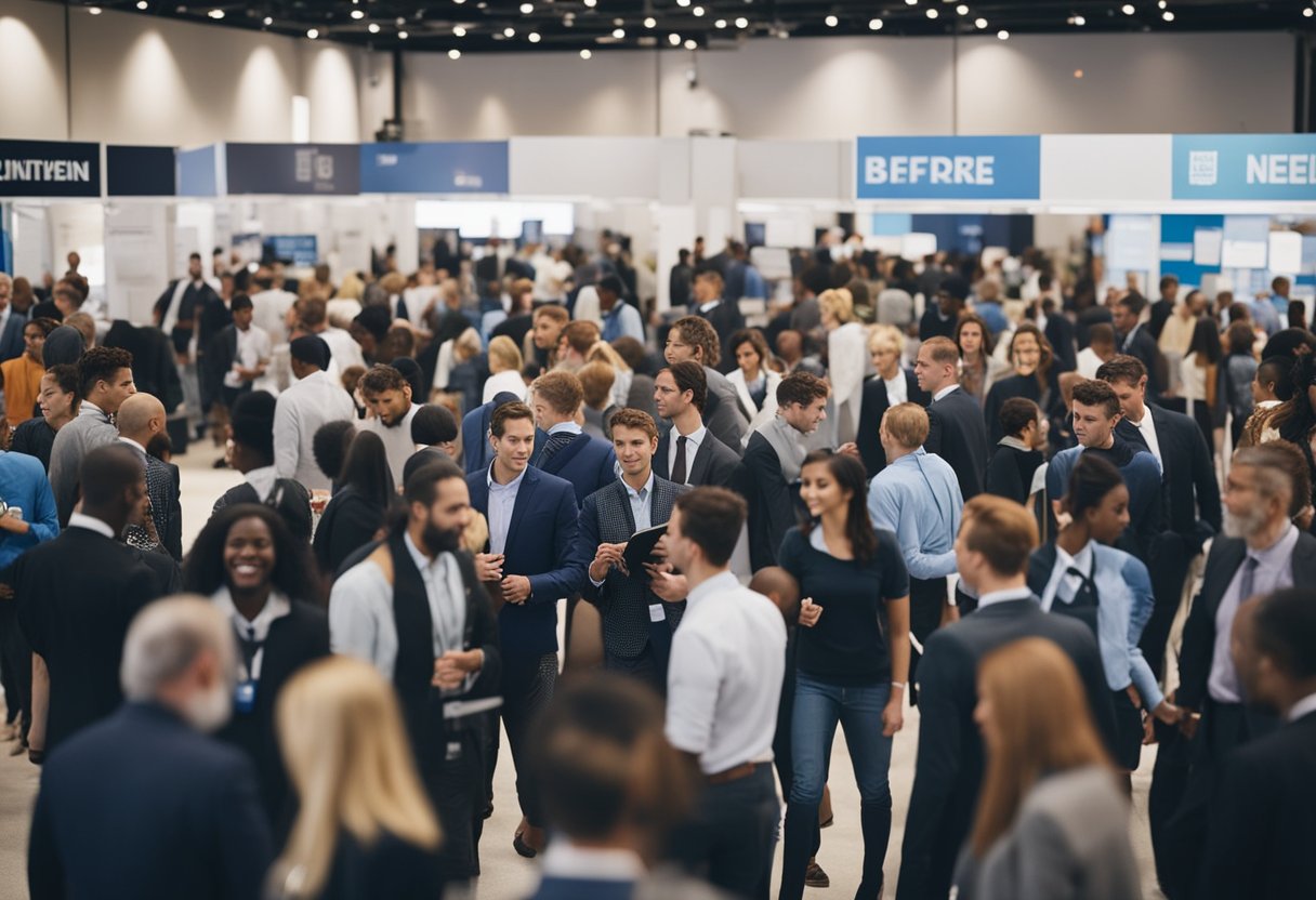 A bustling job fair with diverse career booths and eager job seekers networking and exchanging resumes