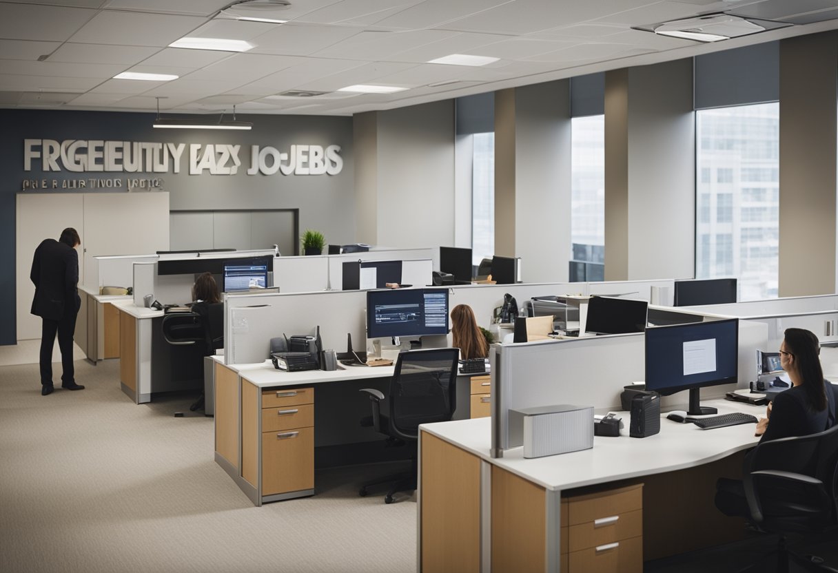 A bustling office with people at desks, a sign reading "Frequently Asked Questions Canada jobs" on the wall, and a line of job seekers waiting to inquire