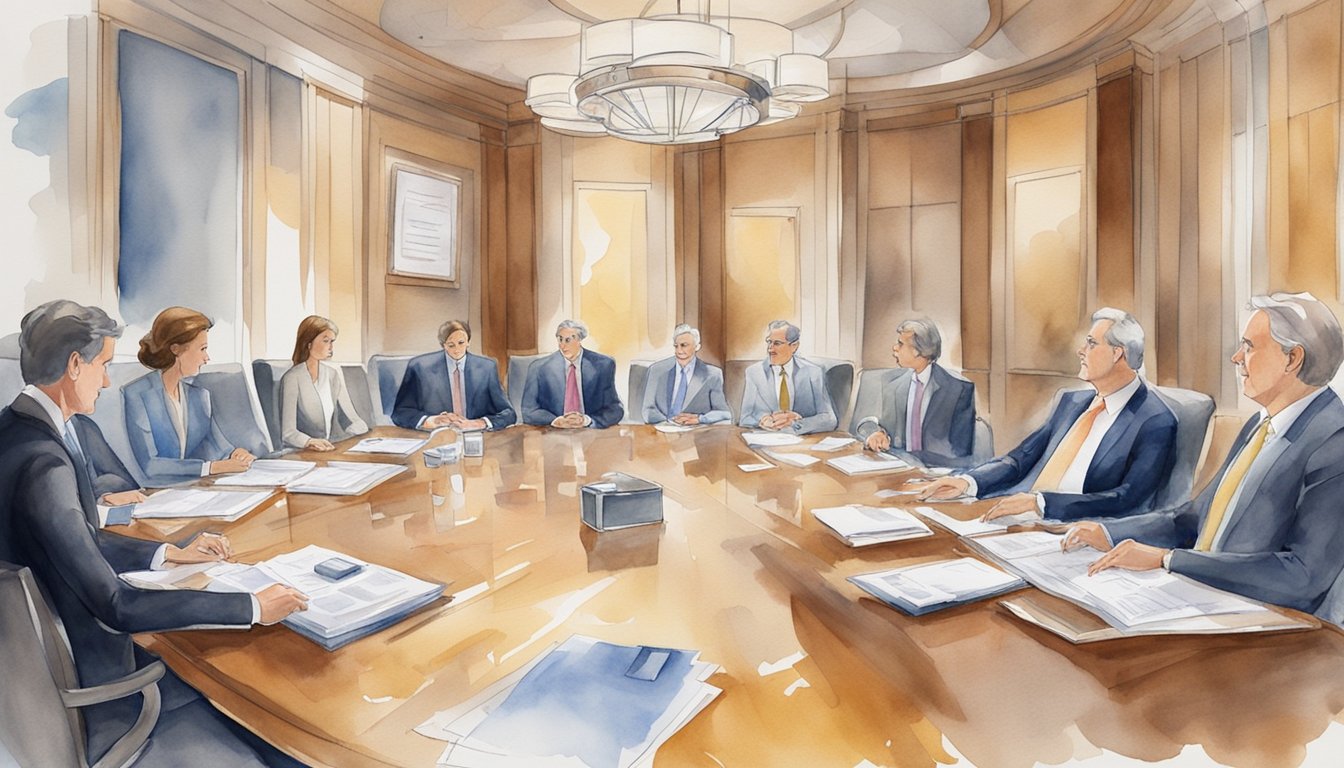 A boardroom table with legal documents and financial statements, surrounded by lawyers and insurance professionals discussing self-insured retention